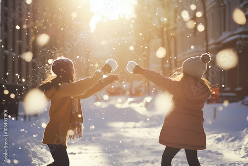 Girlfriends playing snowballs. A walk in the fresh air in winter.  photo