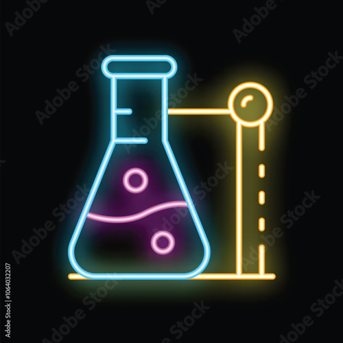 Neon sign representing chemical flask with boiling liquid experiment for science and education