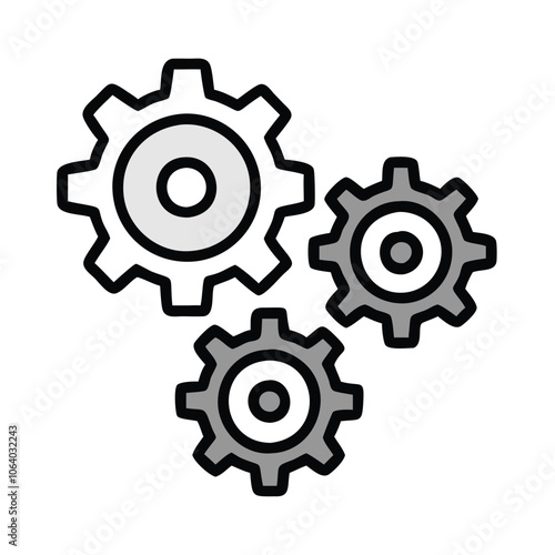 Three gray gears icon for settings and mechanics, Illustration of three interlocking gray gears, symbolizing settings, mechanics, teamwork, and industrial processes in a simple design.
