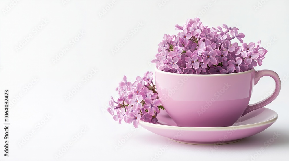 cup of coffee with lilac on white wooden table cup of coffee with lilac on white wooden table