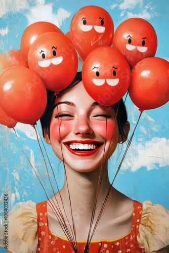 Joyful celebration on World Happiness Day with smiling balloons against a blue sky. Vertical banner. Watercolor illustration. Happy girl with red balloons on a blue background. Women Day photo