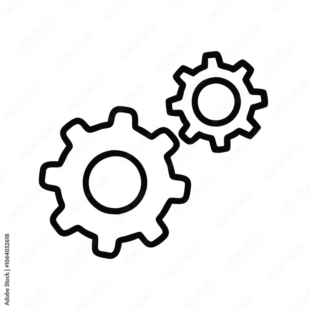 Simple black outline of two gears, Minimalistic black outline of two interlocking gears, representing mechanics, settings, configuration, and teamwork in a clean design.
Simple black outline of two gears, Minimalistic black outline of two interlocking gears, representing mechanics, settings, configuration, and teamwork in a clean design.