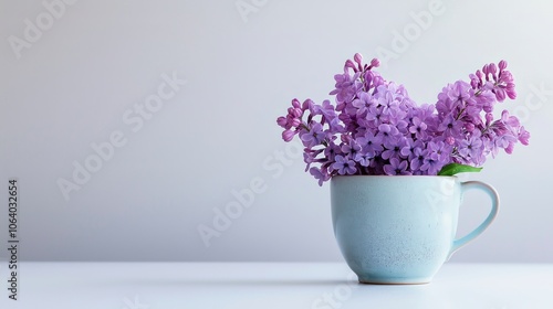 Wallpaper Mural cup of coffee with lilac on white wooden table Torontodigital.ca