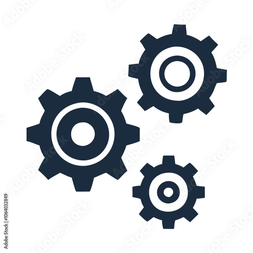 Three black gears icon symbolizing mechanics, Solid black icon of three interlocking gears, representing mechanics, settings, teamwork, and industrial processes in a bold design.
