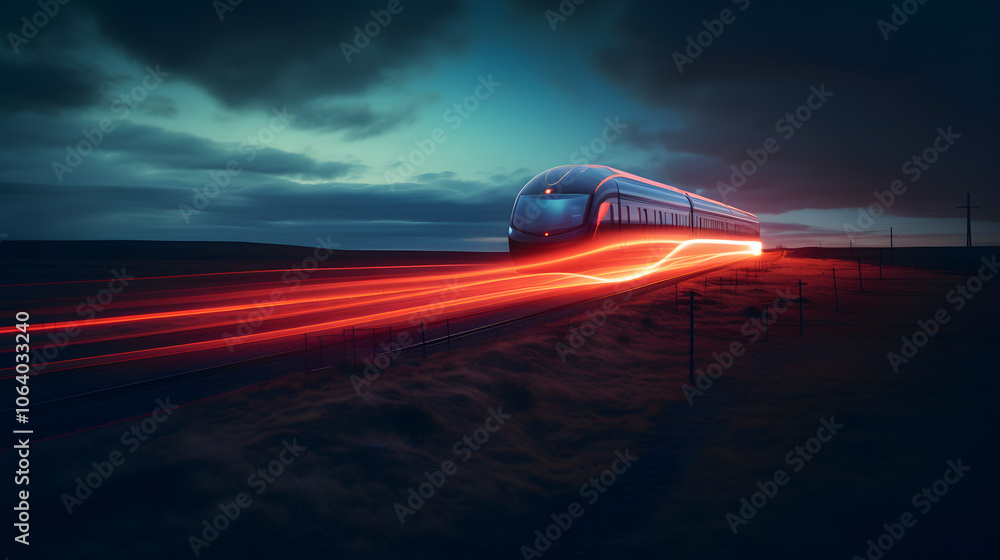 Sleek, high-speed futuristic train speeding down tracks at night, emitting glowing light trails, symbolizing modern transportation and technology Sleek, high-speed futuristic train speeding down tracks at night, emitting glowing light trails, symbolizing modern transportation and technology
