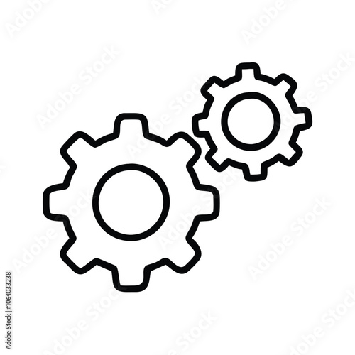 Simple black outline of two gears, Minimalistic black outline of two interlocking gears, representing mechanics, settings, configuration, and teamwork in a clean design.
