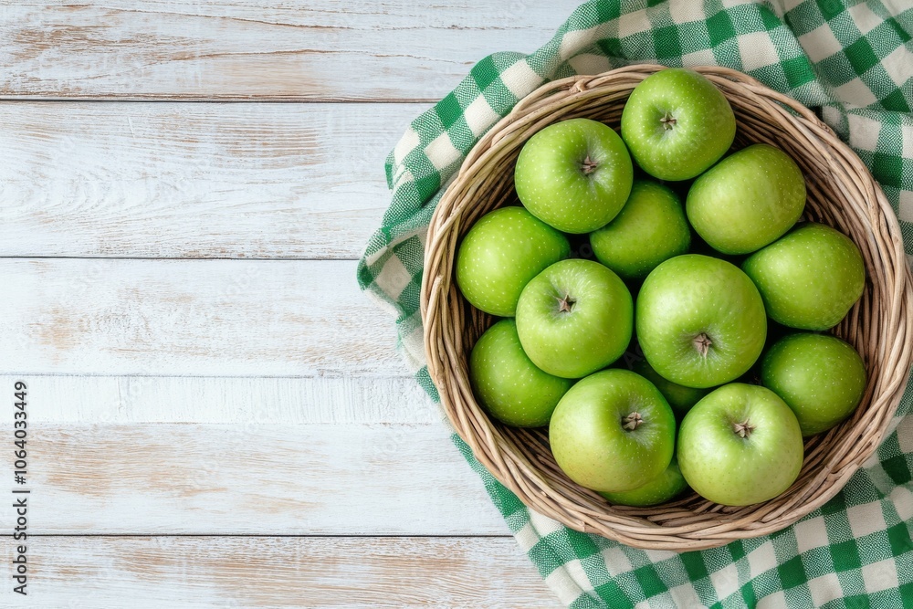 Fresh green apples in a woven basket on a checkered cloth resting on a wooden table Fresh green apples in a woven basket on a checkered cloth resting on a wooden table