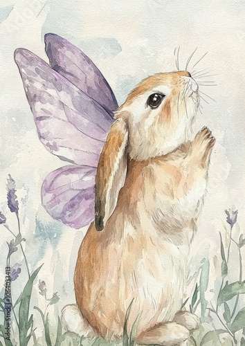 Whimsical Watercolor Bunny with Purple Butterfly Wings on White Background, Perfect for Spring or Easter Themed Designs Generative AI photo