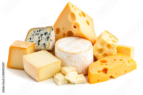 A collection of diverse cheeses including soft and hard varieties, on a neutral background, showcasing gourmet food photo