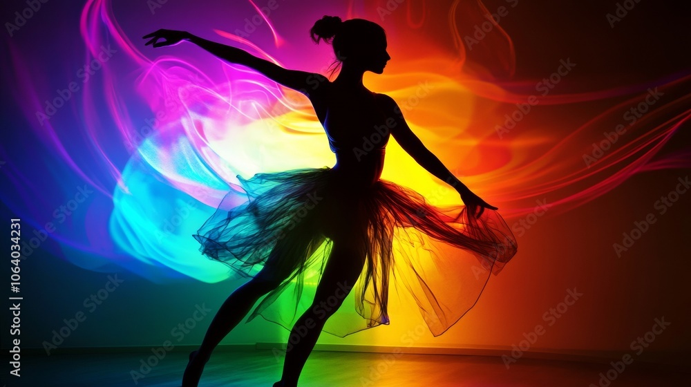 Holographic Silhouette of a Dancer Illuminated with Vibrant Colors for Augmented Reality Generative AI Holographic Silhouette of a Dancer Illuminated with Vibrant Colors for Augmented Reality Generative AI