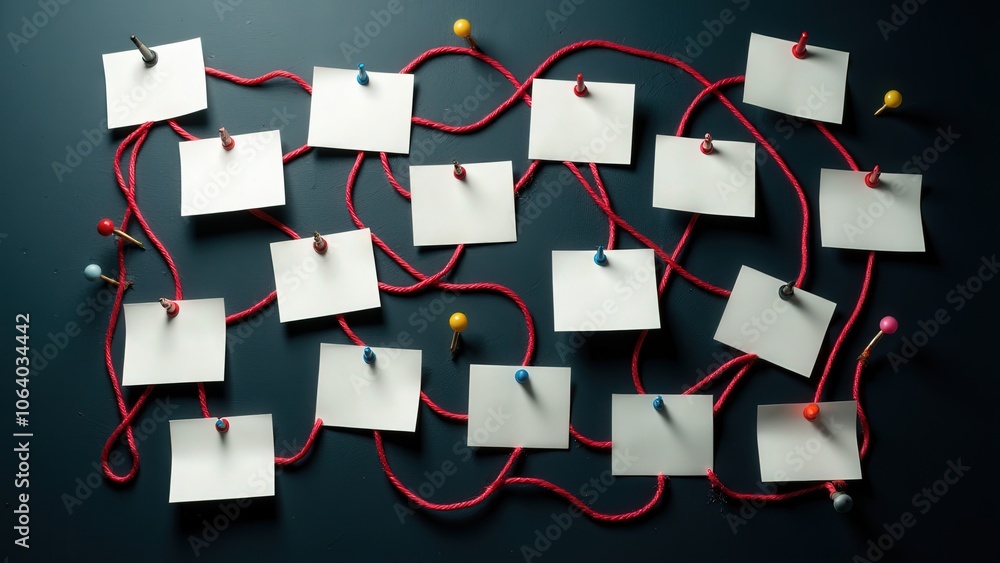 Investigation board showcasing crime scene photos, connected by red string to represent detective analysis