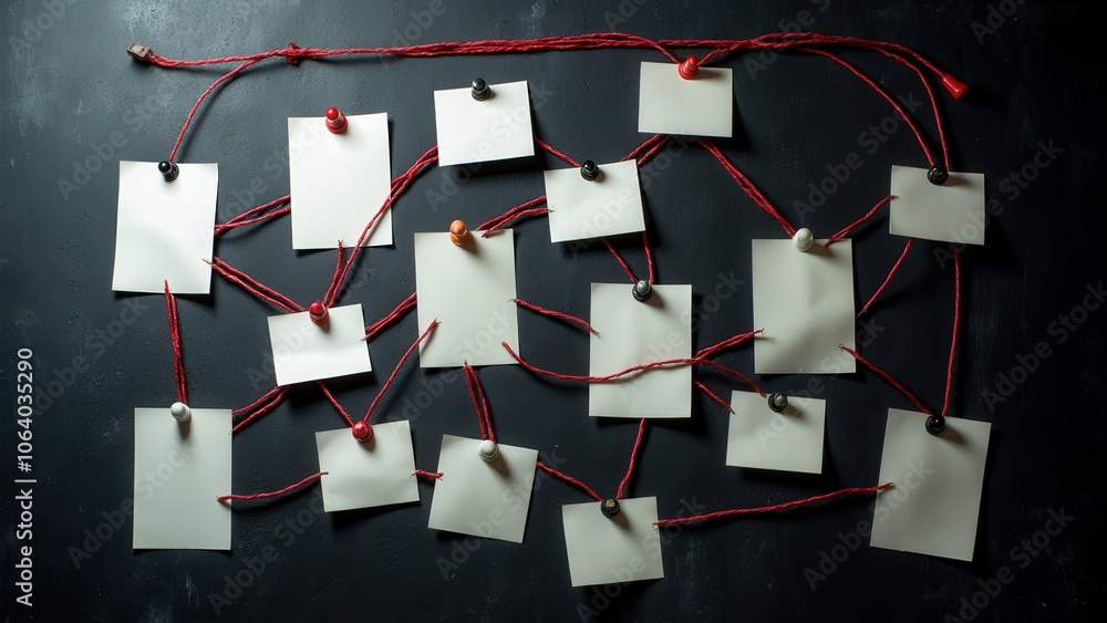 Crime scene photos arranged on a dark background, connected by red string to create a web of clues for investigation