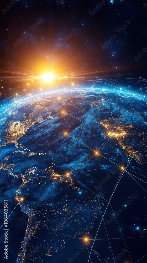 Glowing earth with network connections under sunrise Glowing earth with network connections under sunrise