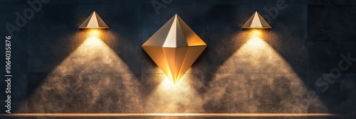 A minimalistic design featuring a shiny golden diamond shape, illuminated by a gentle spotlight, creating an aura of luxury and sophistication