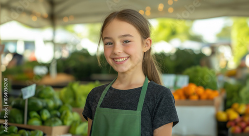 jovem garota com um avental verde sorrindo para a câmera em uma loja moderna de mercado de agricultores photo