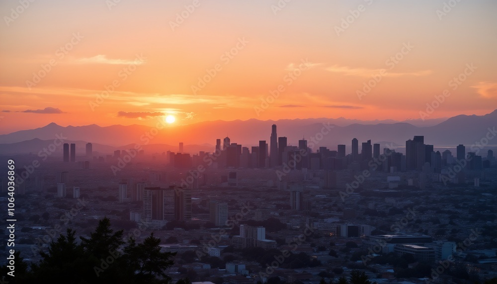 Majestic Urban Skyline in Golden Sunset Light Against Mountain Backdrop Majestic Urban Skyline in Golden Sunset Light Against Mountain Backdrop