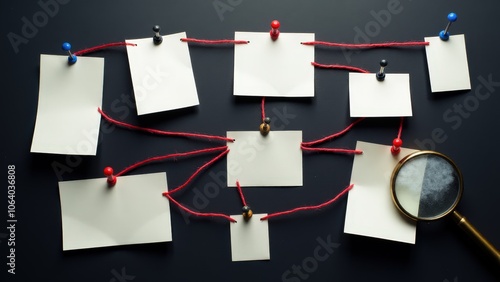 Dark-themed investigation board with crime scene photos, connected by red string and notes for solving mysteries