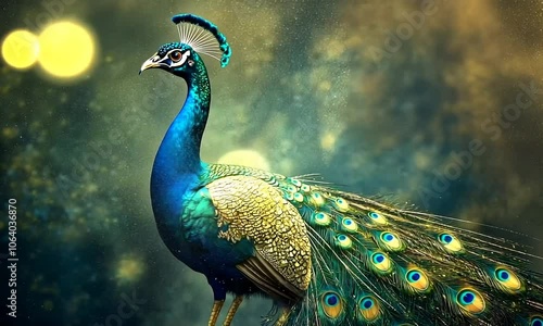 gold peacock in nature forest background
