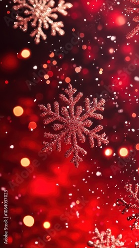 Glittering snowflakes falling on red christmas background