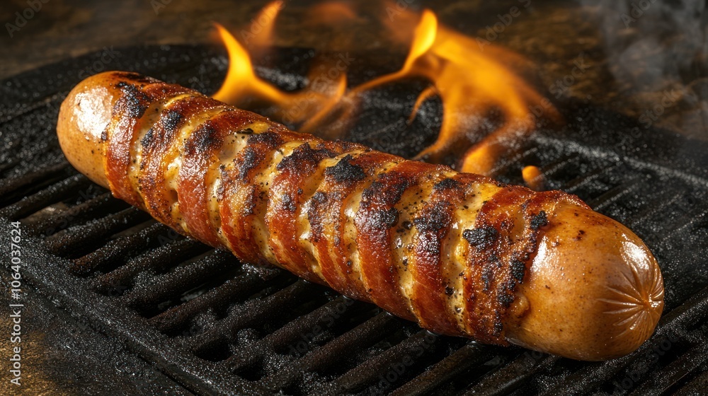 A sausage wrapped in bacon and cheese on a grill with flames. A sausage wrapped in bacon and cheese on a grill with flames.