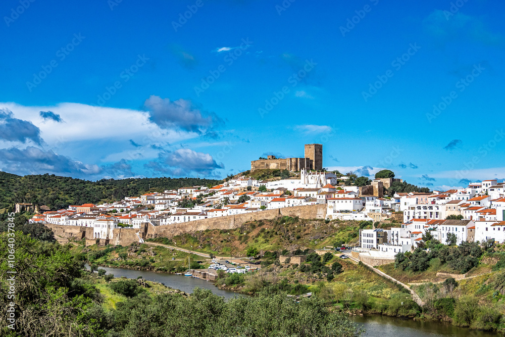Naklejka premium View of the river Guadiana and the village of Mertola. Alentejo Region. Portugal