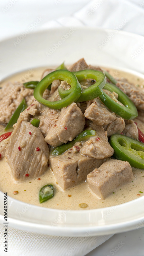 Spicy pork stew with coconut milk and green chili slices Spicy pork stew with coconut milk and green chili slices