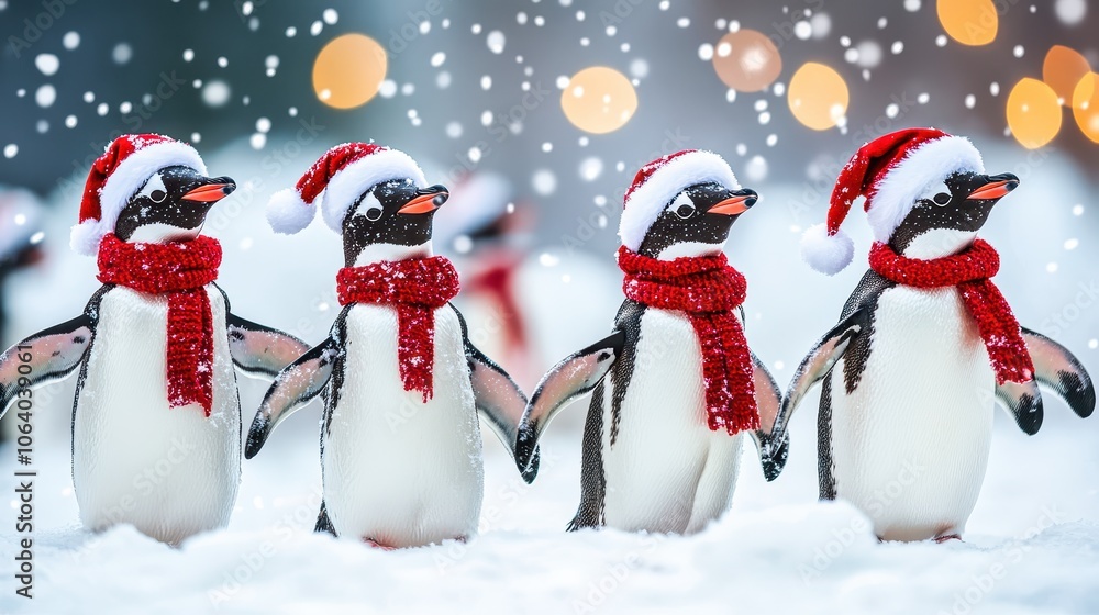Fototapeta premium Penguins wearing christmas hats and scarves enjoying winter snowfall