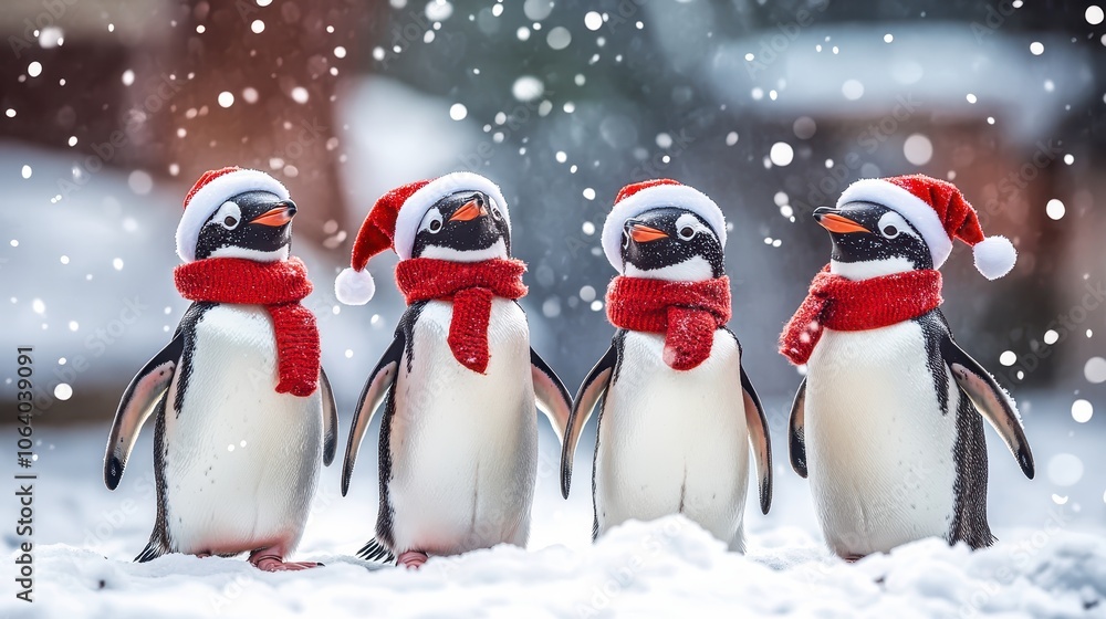 Penguins wearing christmas hats and scarves enjoying winter snowfall