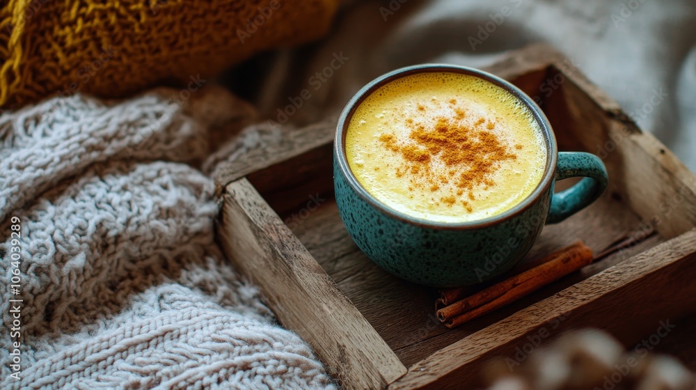Warm and Inviting Golden Turmeric Latte on a Wooden Tray, Perfect for Autumn or Winter Seasonal Promotions Generative AI Warm and Inviting Golden Turmeric Latte on a Wooden Tray, Perfect for Autumn or Winter Seasonal Promotions Generative AI