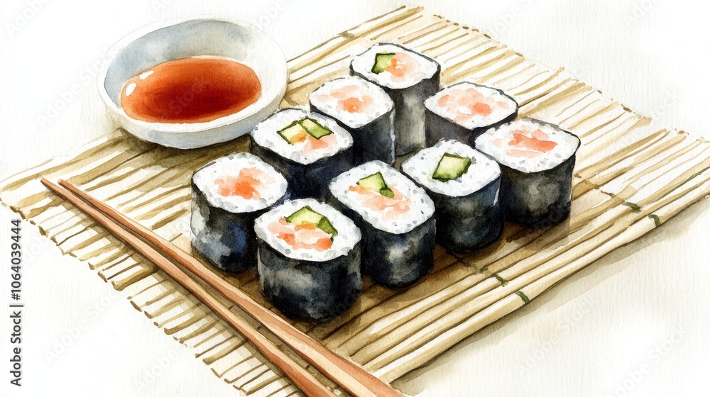 Delicate Watercolor Illustration of Sushi Rolls Arranged on a Bamboo Mat with Soy Sauce for Asian Food Presentation Generative AI Delicate Watercolor Illustration of Sushi Rolls Arranged on a Bamboo Mat with Soy Sauce for Asian Food Presentation Generative AI