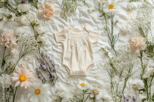 Baby Onesie Surrounded by Floral Arrangement photo