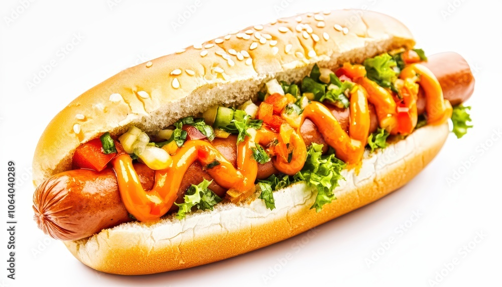 Hot dog with melting cheese and sesame bun on white background Hot dog with melting cheese and sesame bun on white background