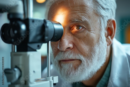 An elderly patient undergoing examination with a fundus camera in a medical clinic during a routine eye check-up for vision health and monitoring