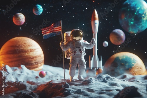 Astronaut on Moon with Planets and Rocket Background