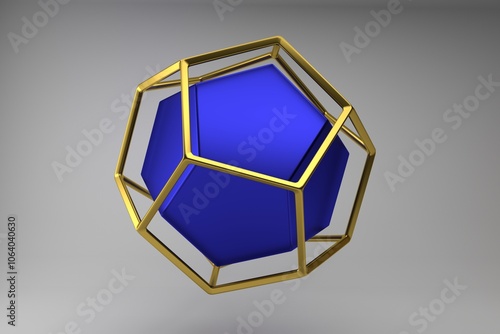 Realistic 3D rendering of gold and blue dodecahedron. Modern background with geometric shape of Platonic solids onlight background for poster, cover, branding, banner, placard.