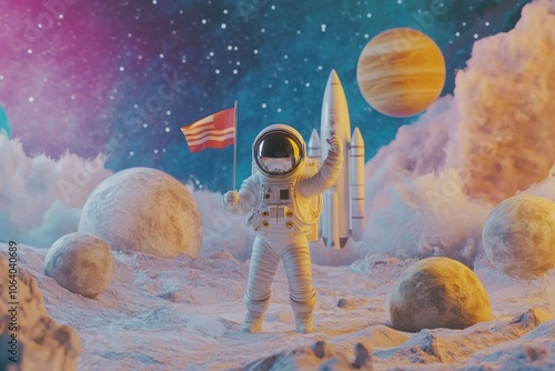 Astronaut in Space with Planets and Flag