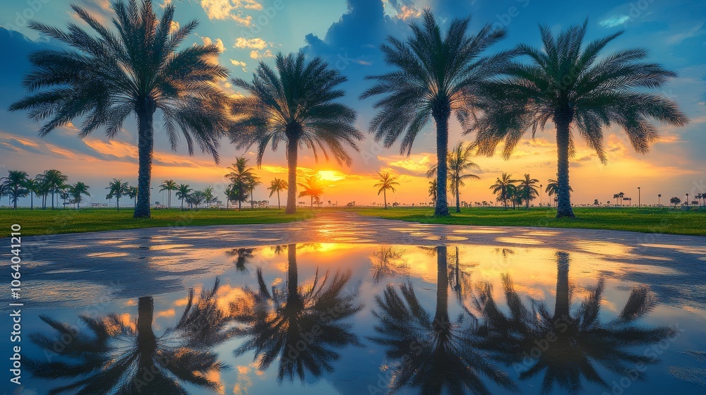 Palm Trees in a Park with Water Puddles Reflecting the Sky at Sunset Generative AI Palm Trees in a Park with Water Puddles Reflecting the Sky at Sunset Generative AI