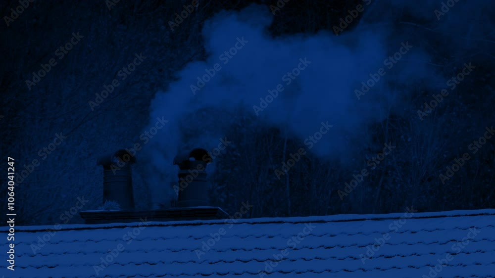 Snowy Rooftop With Smoking Chimney At Night Snowy Rooftop With Smoking Chimney At Night