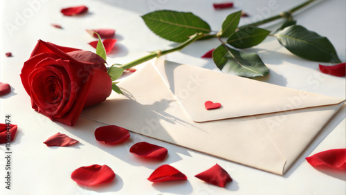 Romantic red rose with love letter and petals on white surface