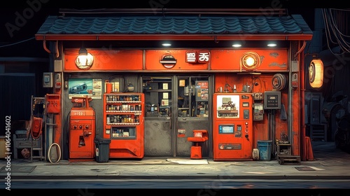 A small convenience store in Japan at night, with a red facade and a variety of vending machines.