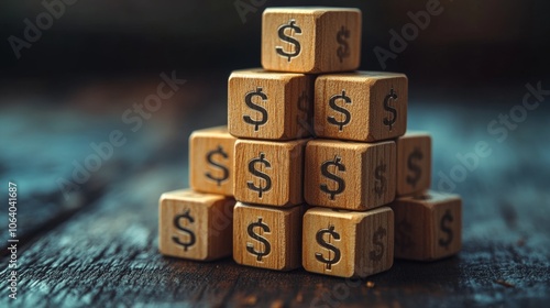 Stacked wooden bricks with financial symbols forming a pyramid, copy space on top, business and finance concept Generative AI