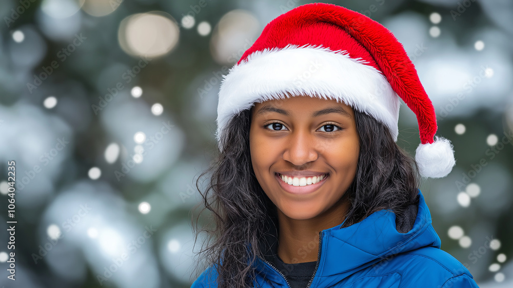 Smiling woman wearing a red Santa hat in a snowy background. Smiling woman wearing a red Santa hat in a snowy background.
