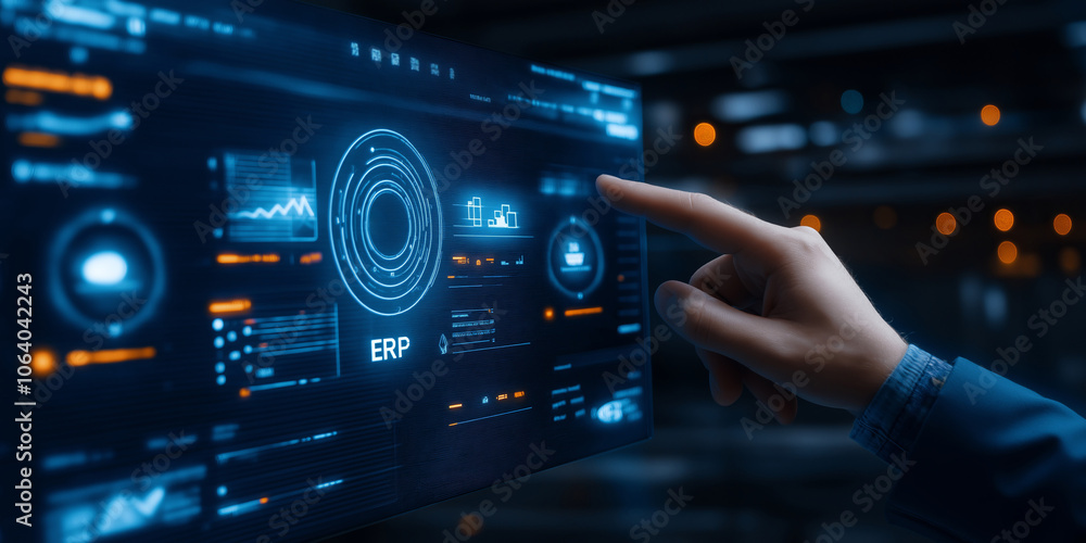 Hand interacting with digital display showing ERP data. Hand interacting with digital display showing ERP data.