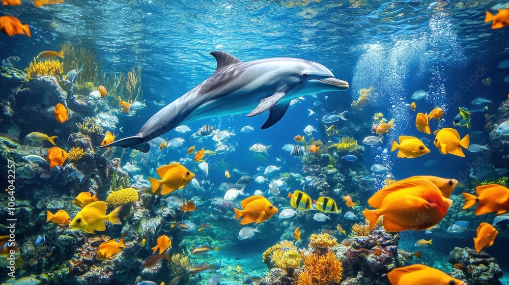 Fototapeta premium A dolphin swims through a vibrant coral reef, surrounded by colorful fish.
