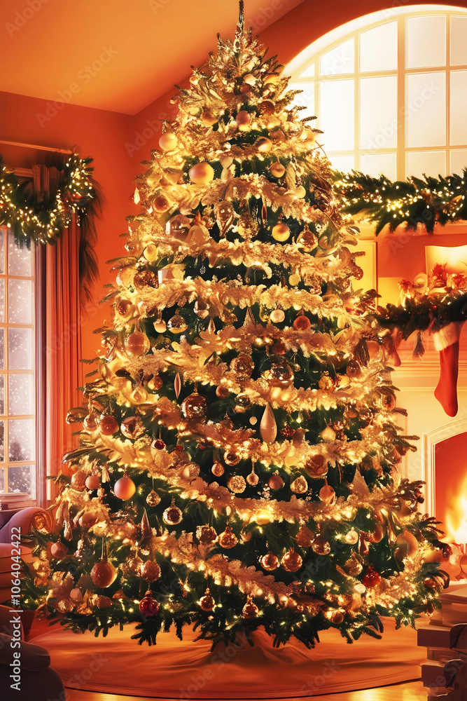 Fototapeta premium Christmas and New Year interior decoration. Decorated Christmas tree with garlands and balls, boxes, gifts and a deer figurine. Stylish interior of living room with fireplace decorated Christmas tree