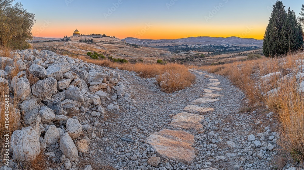 Fototapeta premium A stone path leads to the distant golden dome of the Temple Mount in Jerusalem at sunset.