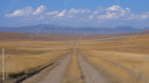 A dirt road leads to a row of wind turbines against a backdrop of rolling hills..