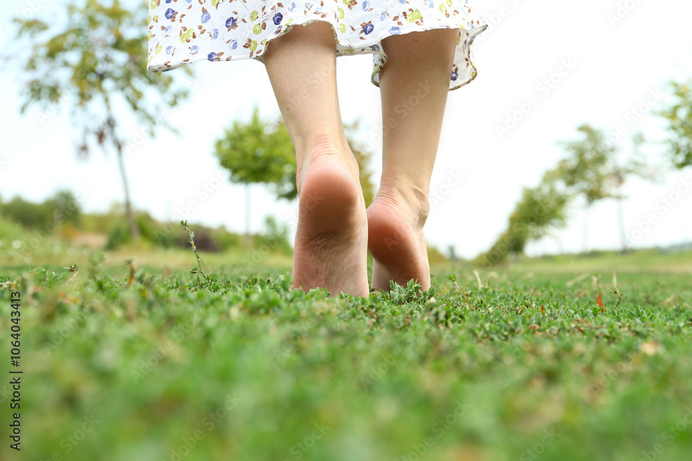 Woman walking barefoot on green grass outdoors, closeup Woman walking barefoot on green grass outdoors, closeup