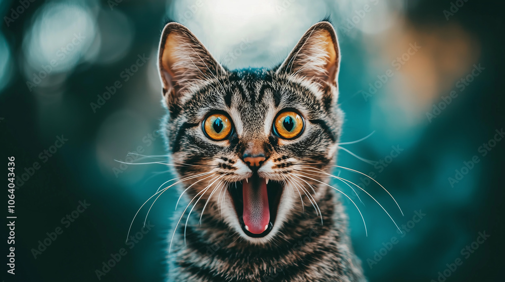 A tabby cat with wide eyes and an open mouth, looking directly at the camera.. A tabby cat with wide eyes and an open mouth, looking directly at the camera..