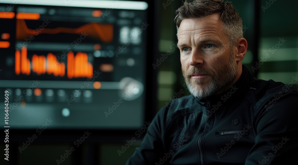 Man focused on digital data screen analysis. Man focused on digital data screen analysis.